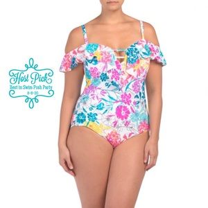 KENNETH COLE Swim Suit One-piece Tummy Control Ruffle Shoulder Floral Swim Wear